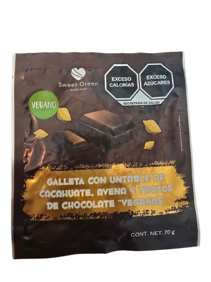 Galleta vegana con untable de cacahuate, avena y trozos de chocolate